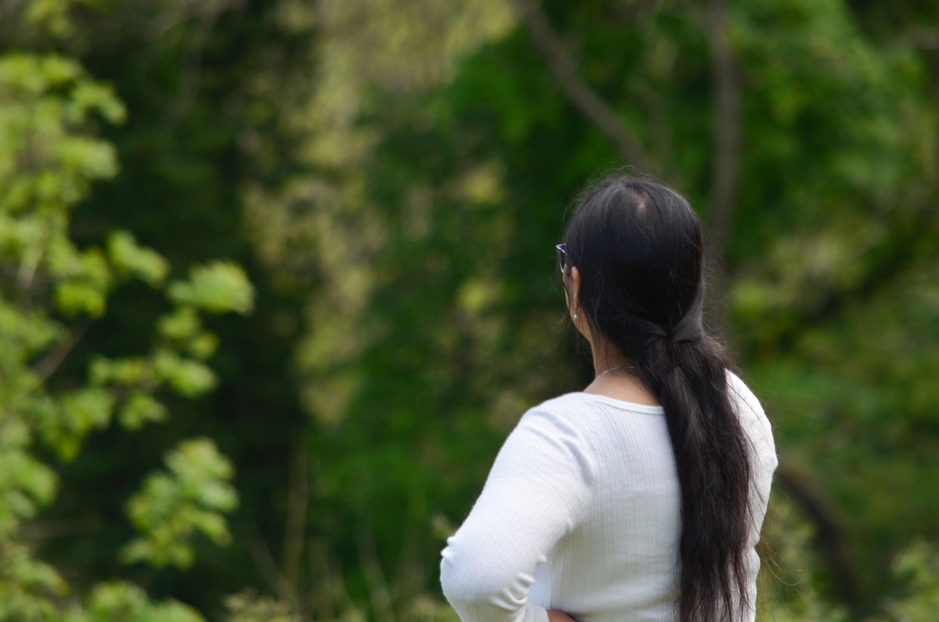image of woman looking around